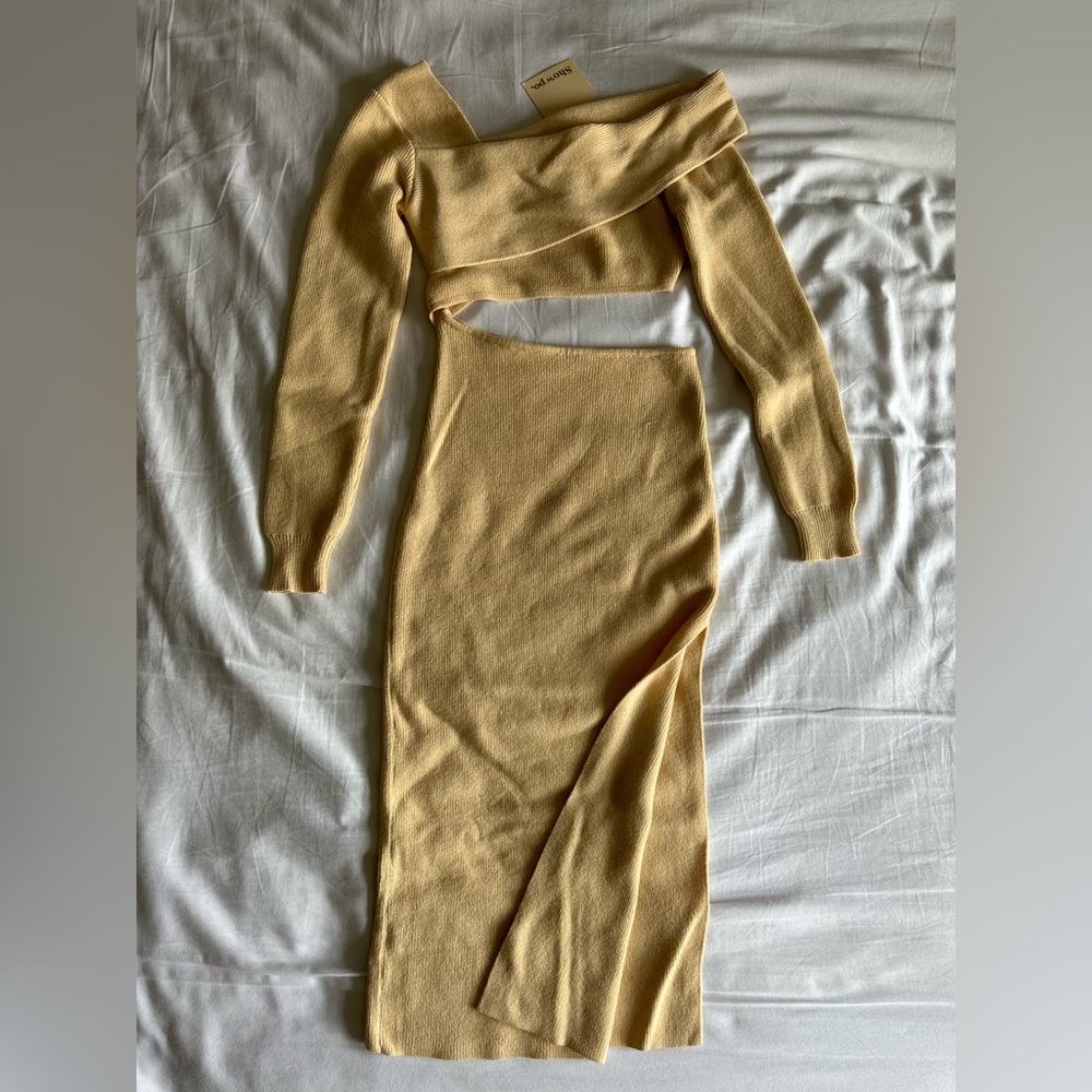 Showpo Sand Yellow Knit Off-The-Shoulder Cut-out Midi Dress